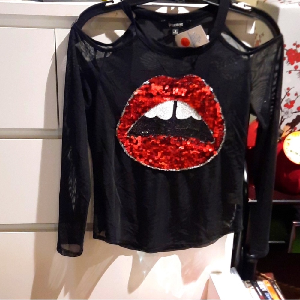 Sequin Lip Mesh Long-Sleeve Top - Black with Red Accent